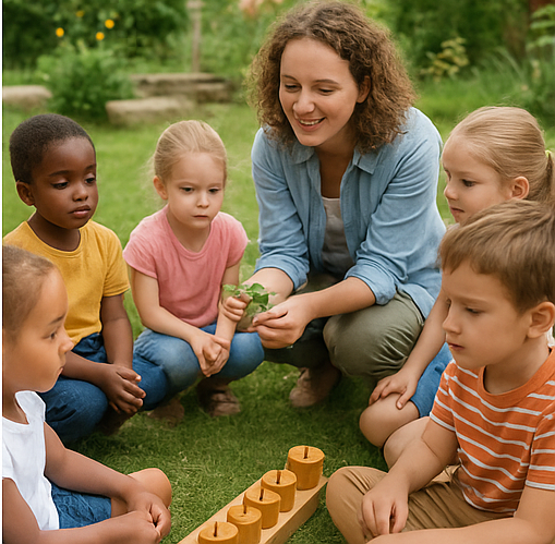 child playing on climbing frame with teacher