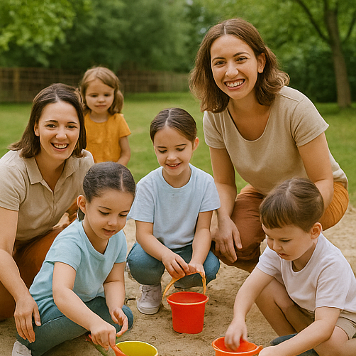 children and teacher playing with sand